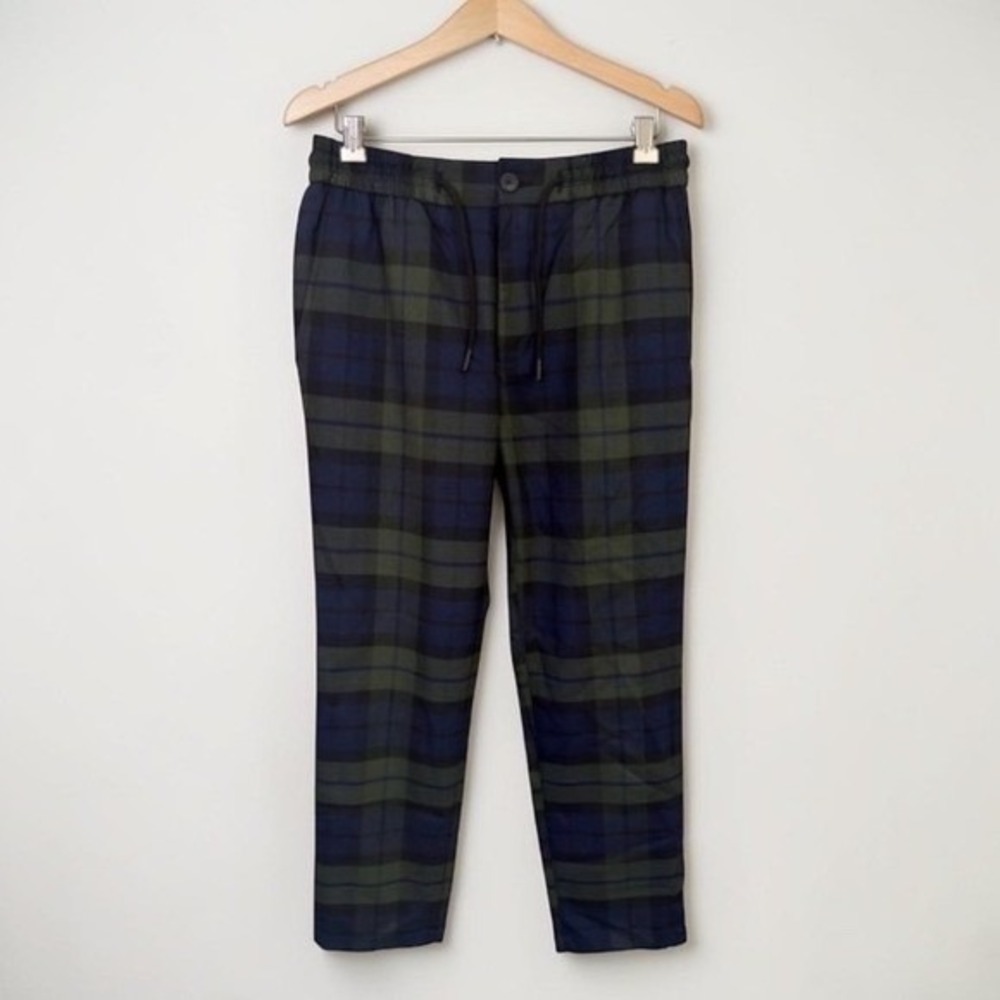 NWT Topman Mens Plaid Tapered Drawstring Trousers Navy &‎ Green 28x25